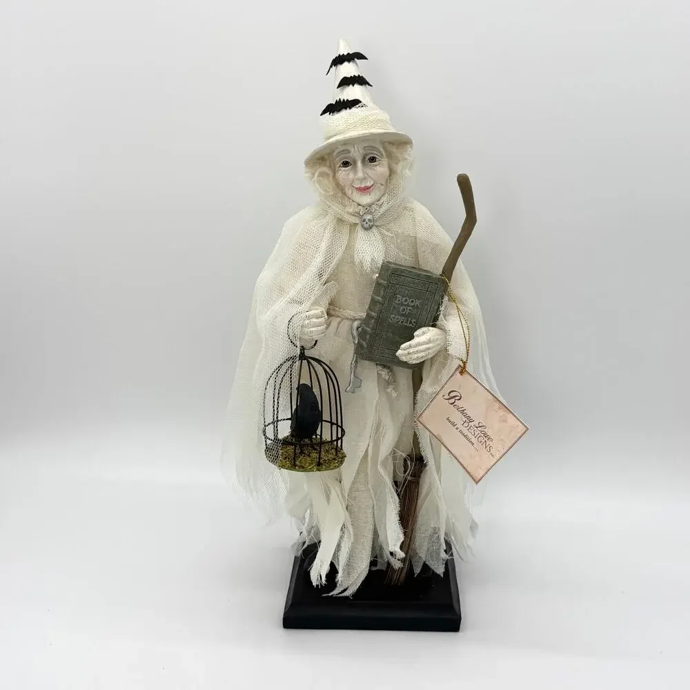 Bethany Lowe Ghostly Witch Halloween Figure with Crow Broom Stick & Spell Book